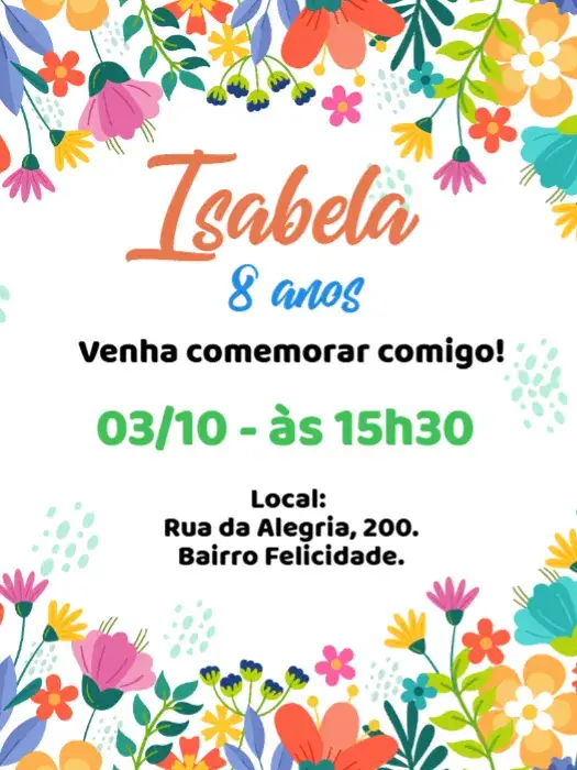 Convite Aniversário floral colorido tropical – tema Aniversário floral, tropical, colorido, delicado, jardim