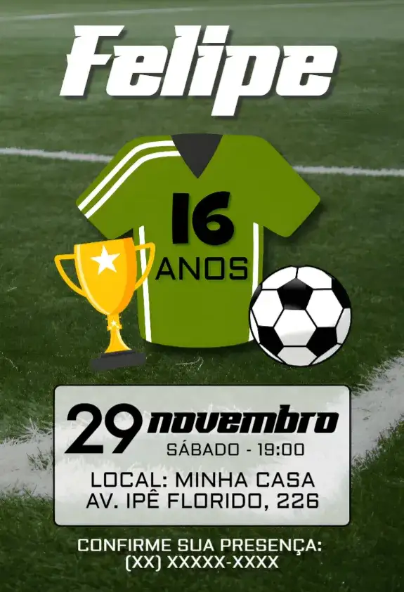 Convite Aniversário Futebol – tema Aniversário cores vibrantes, elementos esportivos, estilo moderno, design dinâmico, inspiração em campeonatos, ilustrações de futebol