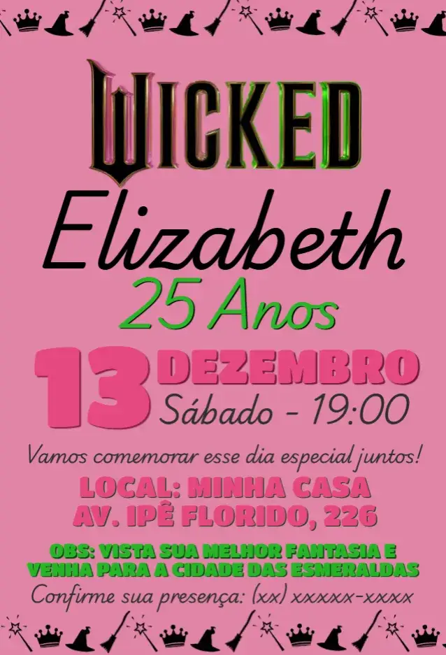 Convite Aniversário Glinda e Elphaba Wicked rosa
