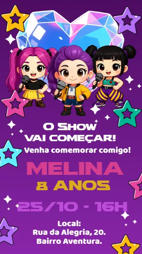 Convite aniversário Guerreiras do K-Pop – tema Aniversário Infantil colorido, moderno, temático, divertido, jovial
