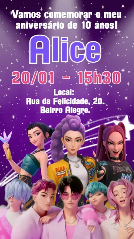 Convite Aniversário Guerreiras do K-Pop – tema Aniversário Infantil cores vibrantes, estilo moderno, elementos gráficos de K-Pop, design divertido, inspirado em ídolos, estética juvenil