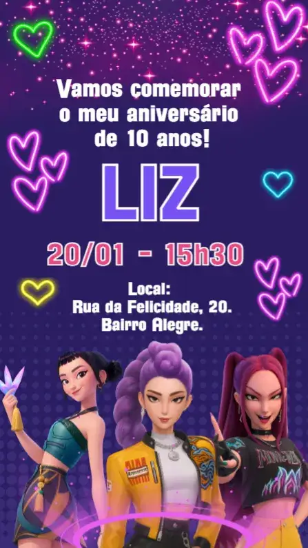 Convite Aniversário Guerreiras do K-Pop – tema Aniversário Infantil colorido, moderno, jovial, divertido, temático, musical