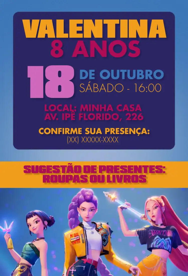 Convite Aniversário Guerreiras do K-pop – tema 15 anos moderno, colorido, divertido, pop, inspirado em K-pop