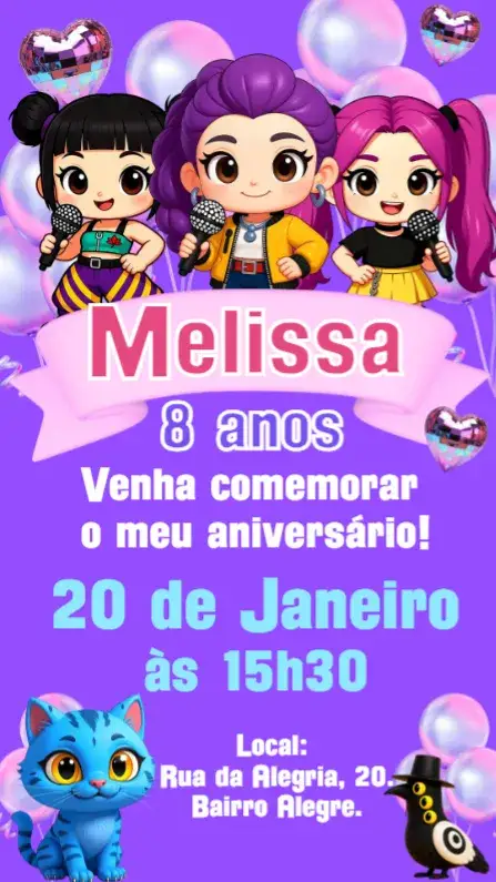 Convite Aniversário Guerreiras do K-Pop – tema Aniversário Infantil colorido, moderno, inspirado em K-Pop, divertido, ilustrações de guerreiras, temática musical