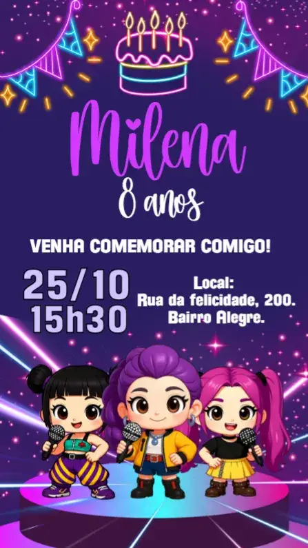 Convite Aniversário Guerreiras do K-Pop – tema Aniversário Infantil neon, colorido, moderno, divertido, jovial, temático