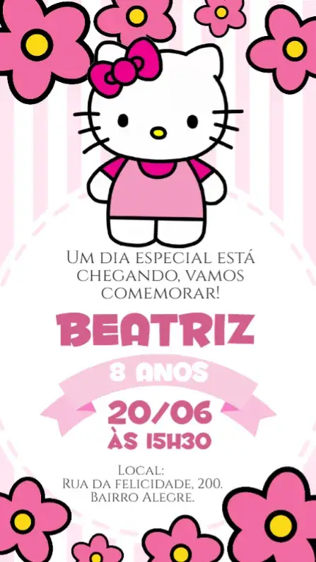 Convite Aniversário Hello Kitty – tema Aniversário Infantil rosa, floral, infantil, lúdico, vibrante, colorido