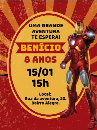 Convite aniversário homem de ferro – tema Aniversário Infantil vermelho, dourado, moderno, super-heróis, colorido, inspirado em quadrinhos