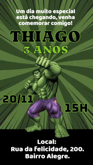 Convite Aniversário Huck – tema Aniversário Infantil colorido, super-herói, aventureiro, divertido, infantil, moderno
