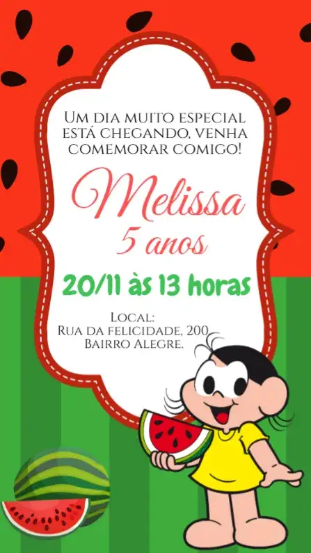 Convite Aniversário Magali – tema Aniversário Infantil colorido, lúdico, infantil, divertido, turma da Mônica, verão