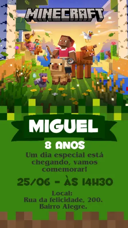 Convite Aniversário Minecraft – tema Aniversário Infantil verde, temática de jogo, pixel art, diversão, aventura, jovial