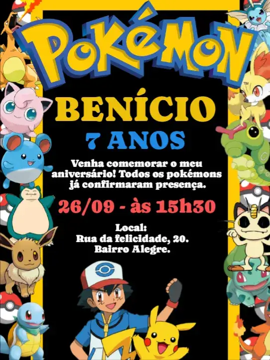 Convite Aniversário Pokémon – tema Aniversário Infantil colorido, divertido, infantil, temático, vibrante