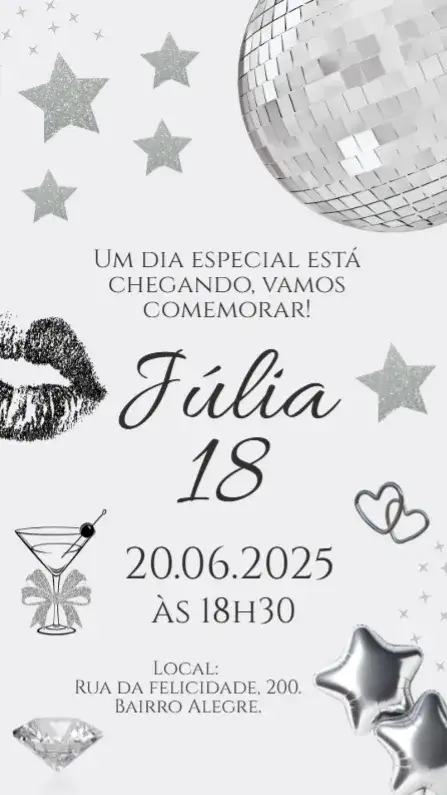 Convite Aniversário Prata Brilho 18 anos – tema Aniversário prata, glitter, glamouroso, disco, moderno, elegante