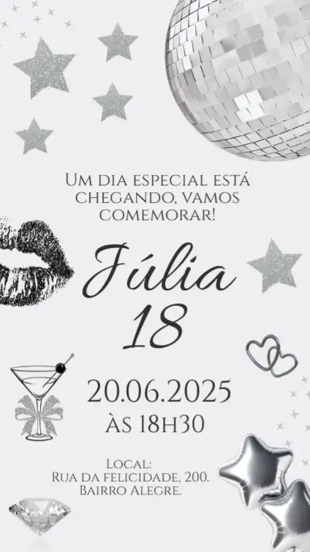 Convite Aniversário Prata Brilho 18 anos