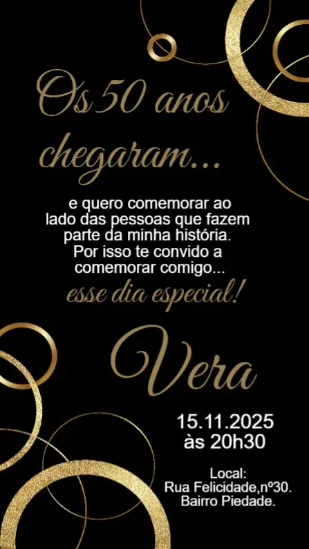 Convite Aniversário Preto e Dourado 50 anos – tema Cartão preto, dourado, elegante, moderno, glamouroso, sophisticated