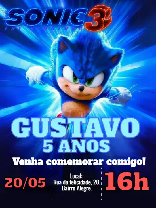 Convite Aniversário Sonic 3 – tema Aniversário Infantil colorido, temática de jogos, vibrante, divertido, moderno