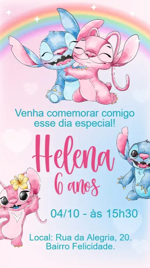 Convite Aniversário Stitch e Angel