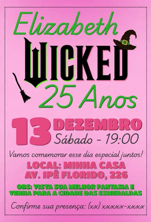 Convite Aniversário Wicked Elphaba e Glinda rosa – tema Aniversário rosa, verde, temática de musical, elementos gráficos de Oz, festivo, fantasia