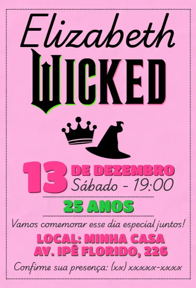 Convite Aniversário Wicked Glinda – tema Aniversário vibrante, mágico, teatral, colorido, moderno