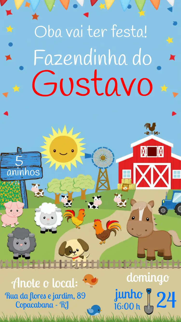 Convite Anivesário Fazendinha Colorido – tema Mais pesquisados colorido, fazendinha, animais, vibrante, divertido, rústico