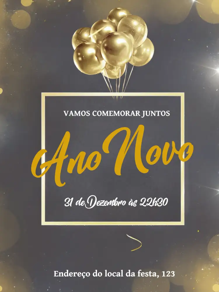 Convite Ano Novo Celebração – tema Datas Comemorativas dourado, moderno, festivo, brilho, minimalista