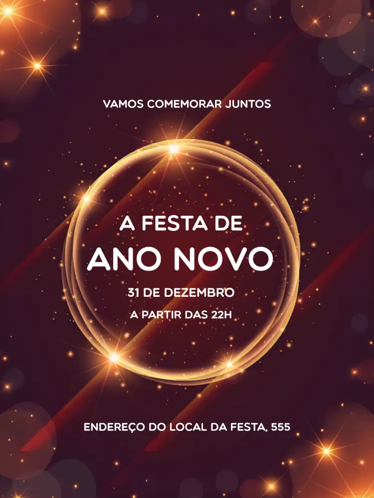 Convite Ano Novo Celebração – tema Datas Comemorativas dourado, sophisticated, moderno, festivo, vibrante, elegante