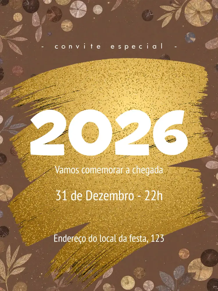 Convite Ano Novo Confraternização – tema Datas Comemorativas dourado, elegante, moderno, festivo, minimalista, brilho