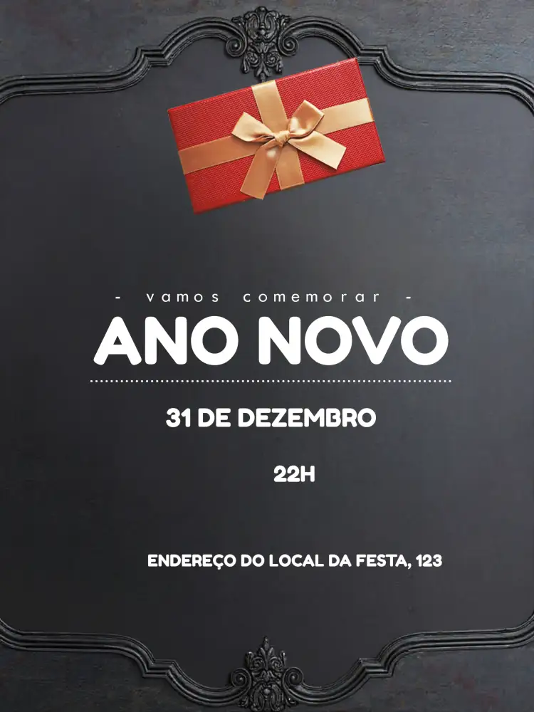 Convite Ano Novo Dourado – tema Datas Comemorativas dourado, preto, moderno, elegante, minimalista