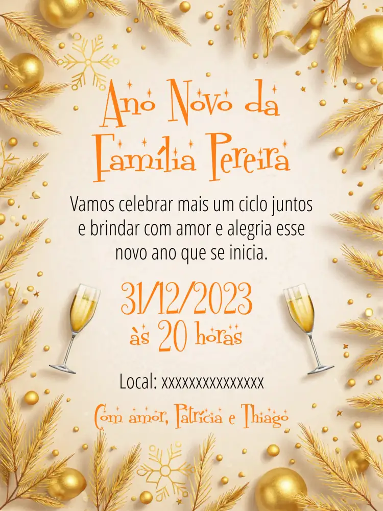 Convite Ano Novo Dourado – tema Datas Comemorativas dourado, branco, moderno, elegante, minimalista, festivo