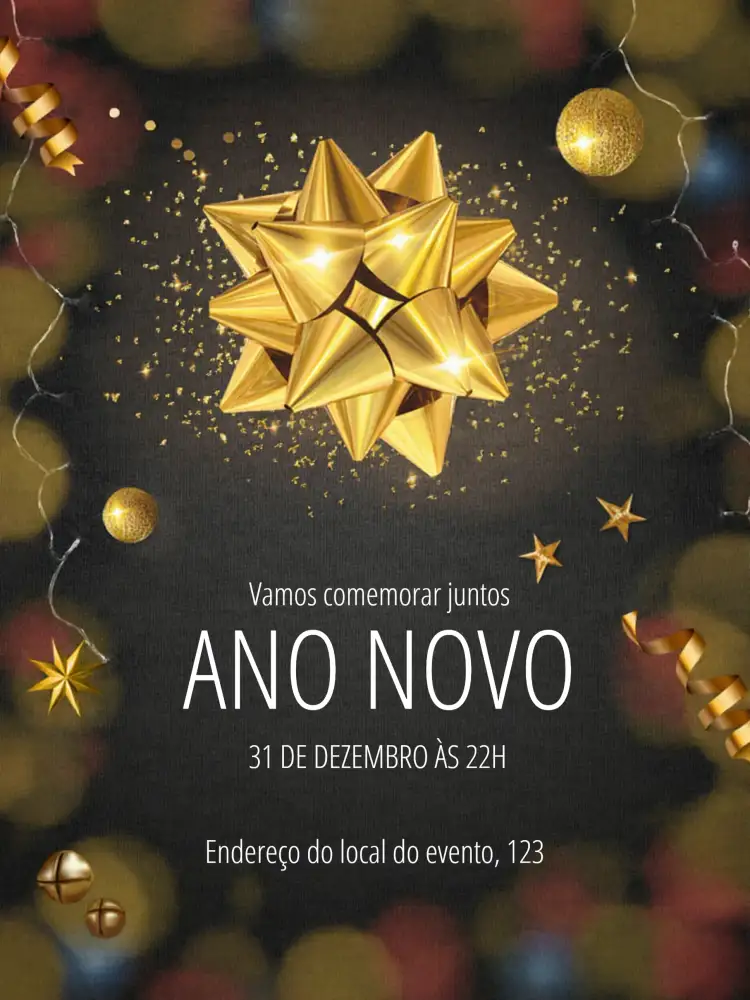 Convite Ano Novo Réveillon – tema Datas Comemorativas dourado, elegante, moderno, festivo, clássico, minimalista
