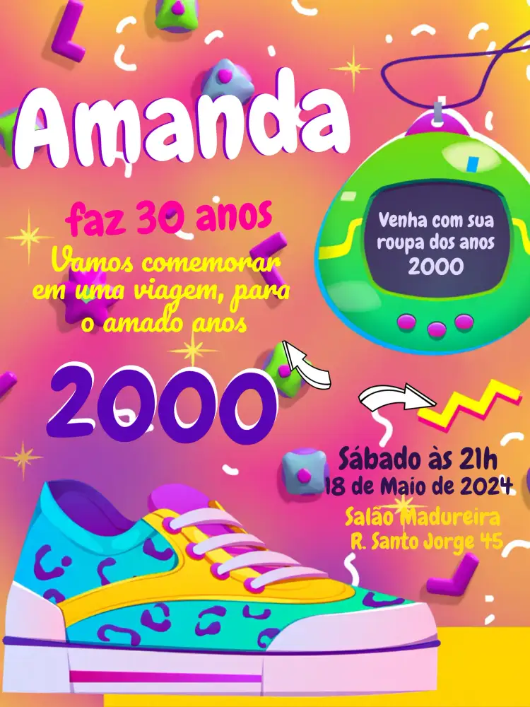 Convite Anos 2000 Vintage Amarelo – tema 15 anos vintage, neon, colorido, jovem, divertido