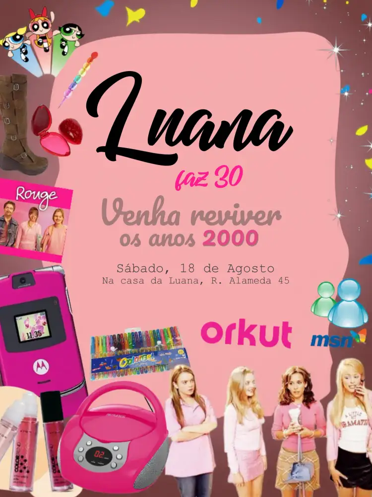 Convite Anos 2000 Vintage Menina – tema 15 anos vintage, colorido, feminino, nostálgico, divertido, jovial