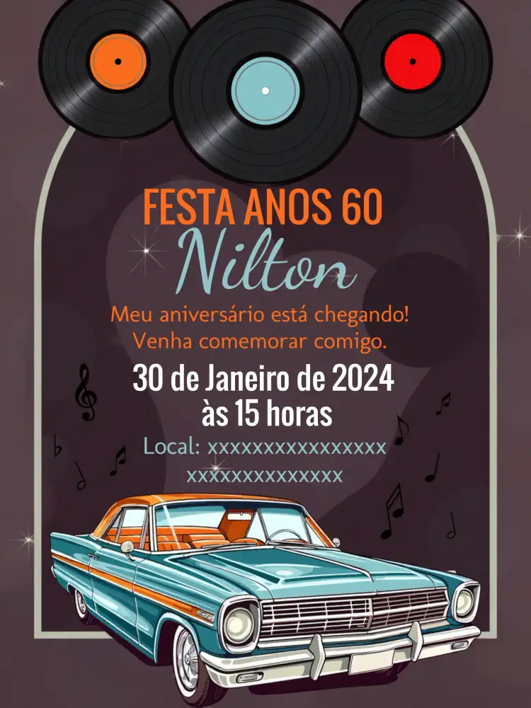 Convite Anos 60 70 – tema Aniversário vintage, discoteca, pop art, cores vivas, bolinhas, estilo retrô