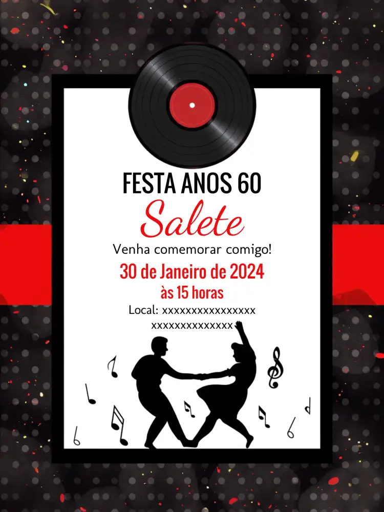 Convite Anos 60 Baile – tema Aniversário vintage, retro, discoteca, colorido, divertido