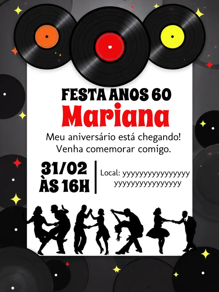 Convite Anos 60 Bolinhas – tema Aniversário vintage, disco, colorido, retrô, divertido