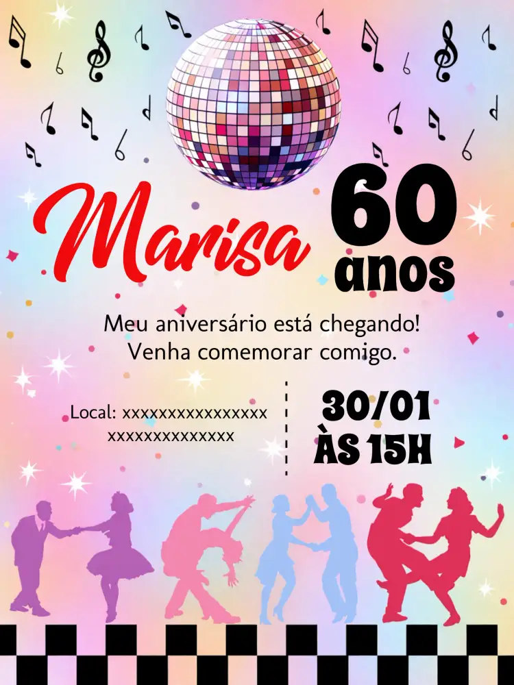 Convite Anos 60 Branco – tema Aniversário vintage, discoteca, clássico, elegante, colorido
