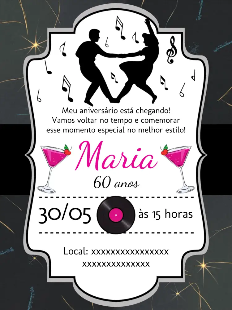 Convite Anos 60 Danca – tema Aniversário vintage, colorido, discoteca, retro, musical, divertido