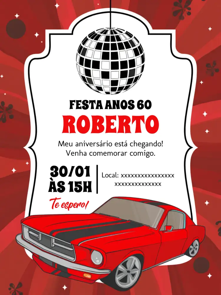 Convite Anos 60 Discoteca – tema Aniversário vintage, discoteca, colorido, retro, divertido