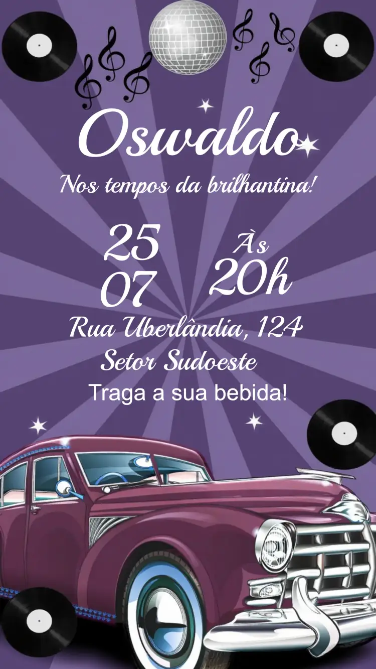 Convite Anos 60 Lilás – tema 15 anos vintage, nostálgico, elegante, colorido, divertido, temático