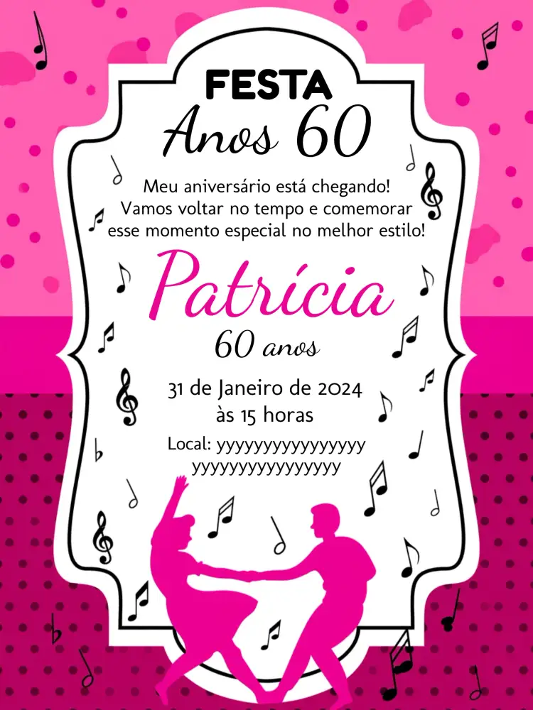 Convite Anos 60 Preto – tema Aniversário vintage, retrô, discoteca, preto e vermelho, bolinhas, musical