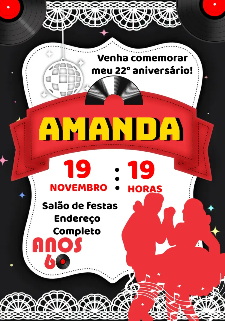 Convite Anos 60 Retrô Vintage Branco – tema 15 anos retrô, vintage, preto e branco, elegante, clássico, nostálgico
