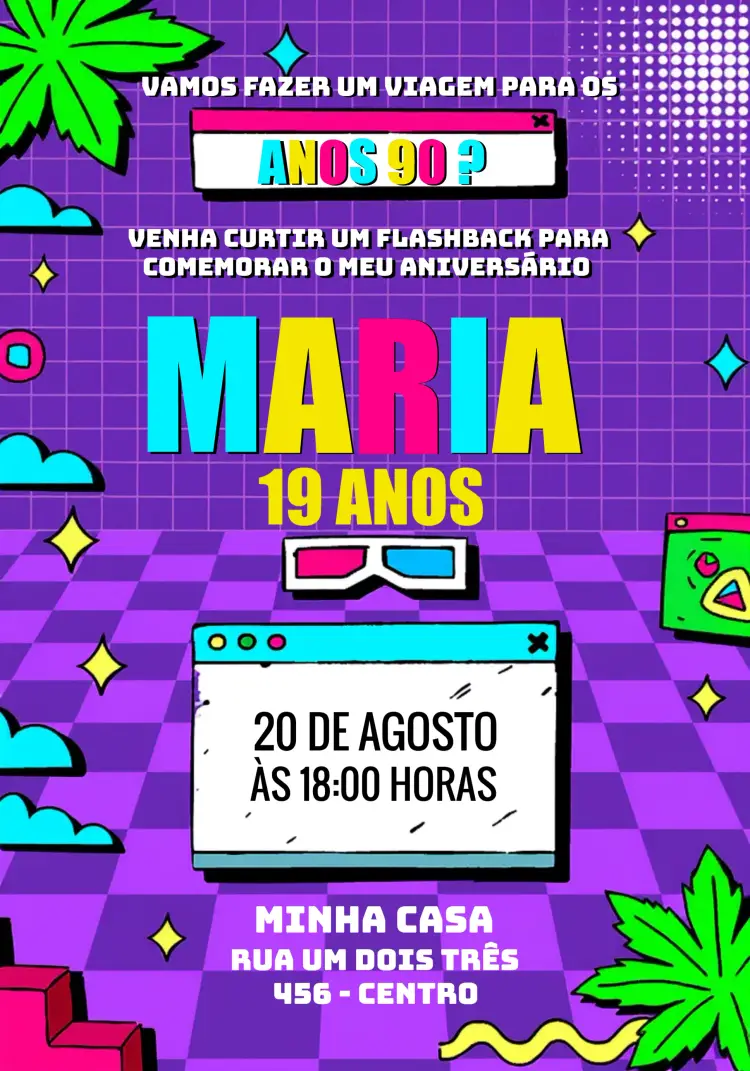 Convite Anos 80 90 Retrô Roxo