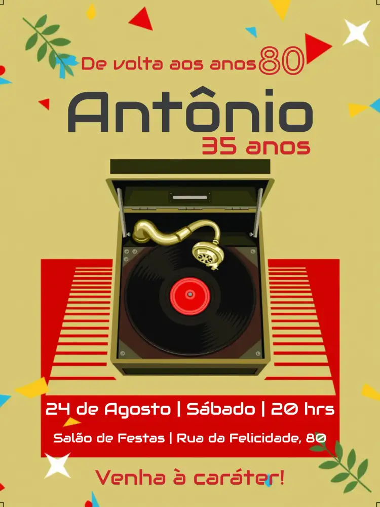 Convite Anos 80 Retrô – tema 15 anos retrô, vintage, musical, bege, divertido