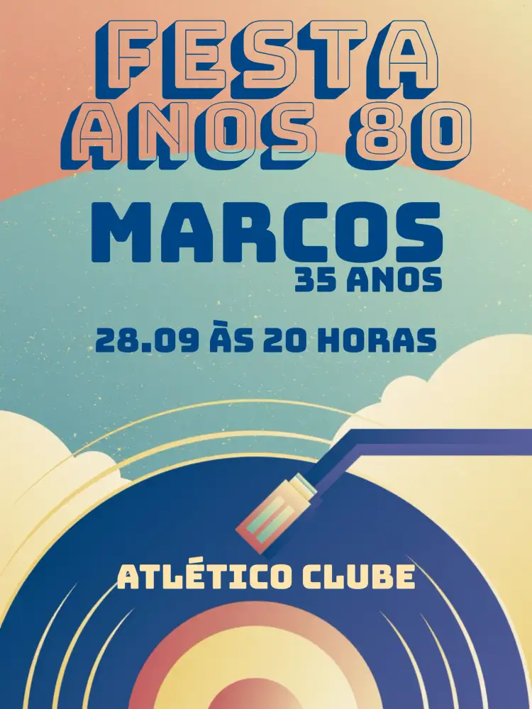 Convite Anos 80 Retrô – tema 15 anos neon, vinil, cores vibrantes, estilo vintage, elementos gráficos retrô, design divertido