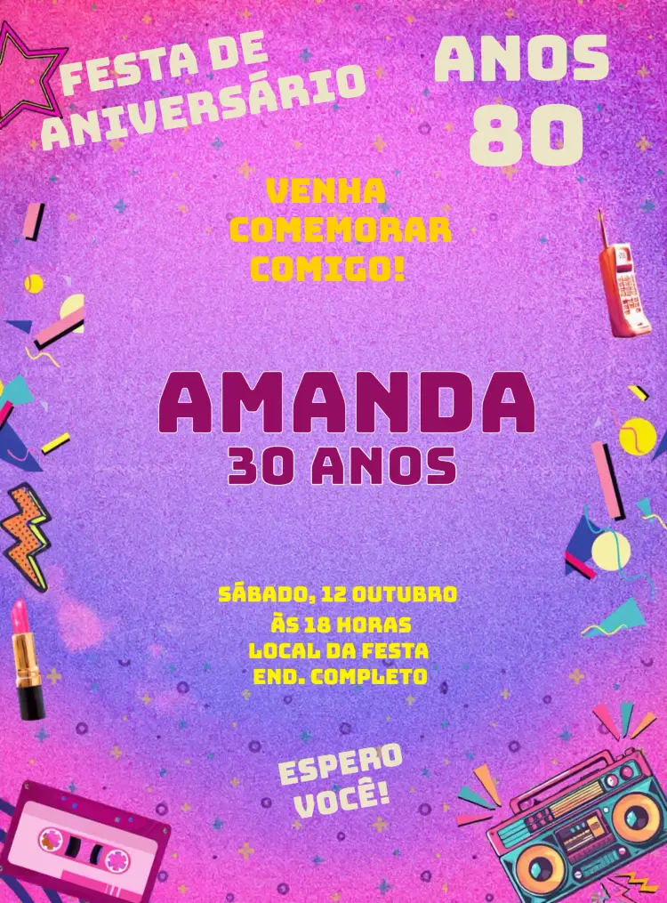 Convite Anos 80 Retrô Roxo