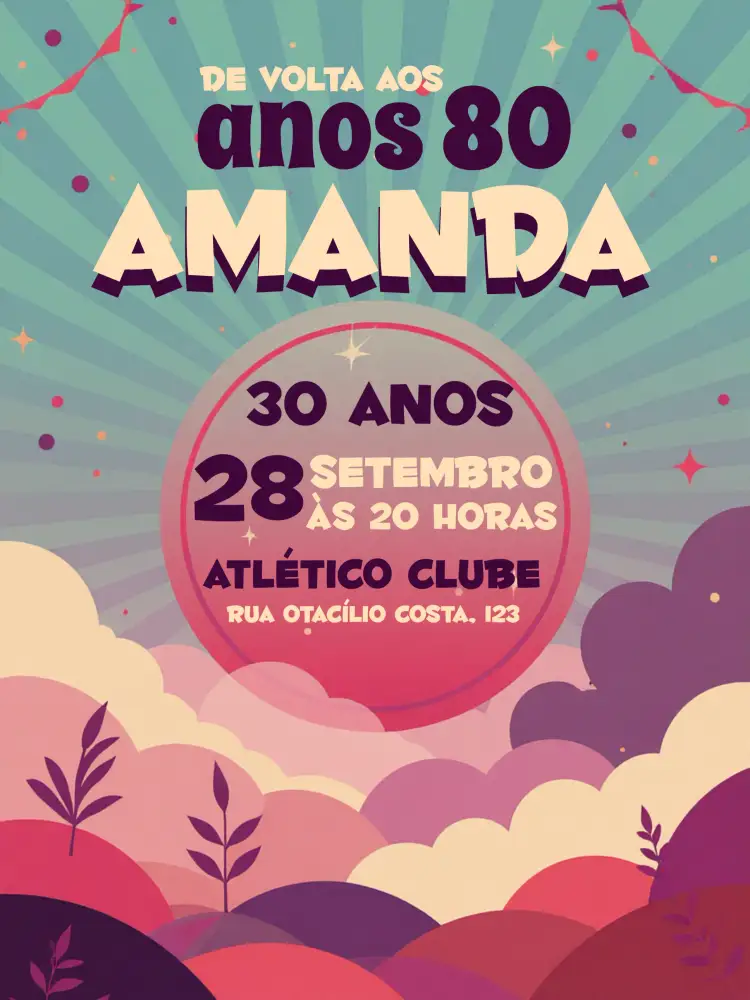 Convite Anos 80 Retrô Vintage – tema 15 anos retrô, vintage, colorido, anos 80, discos de vinil, estilo pop