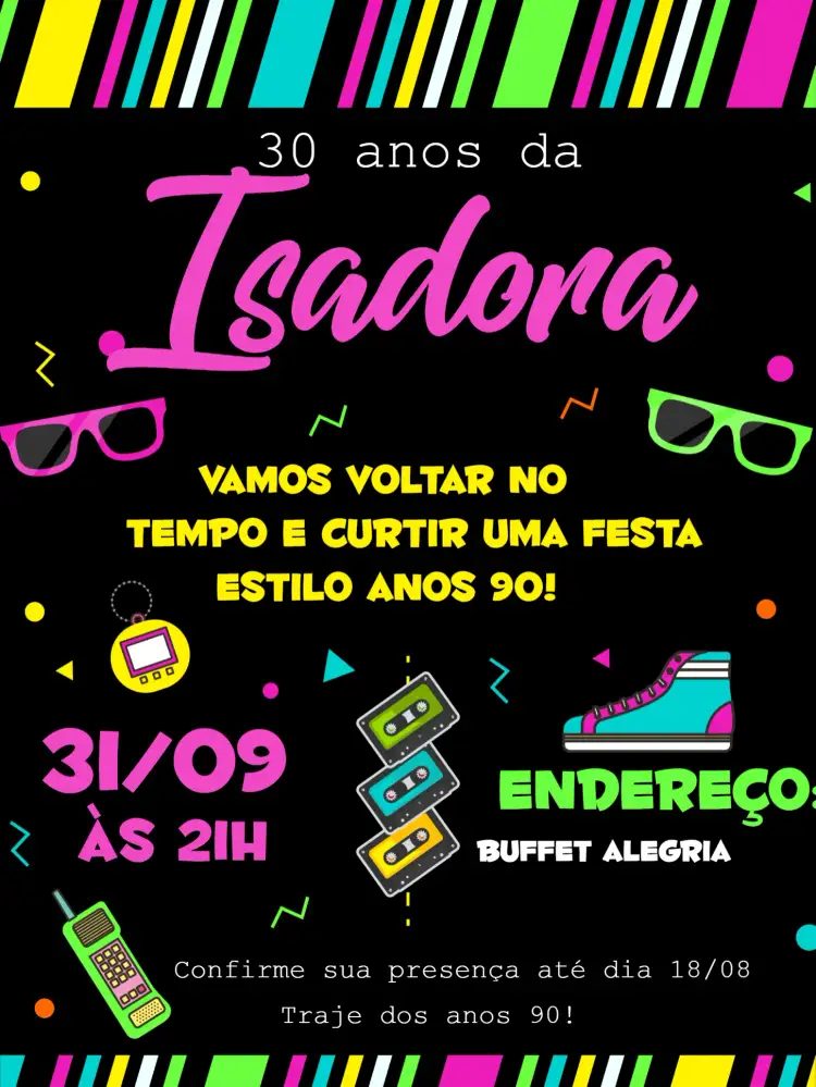 Convite Anos 90 Azul – tema 15 anos neon, vintage, colorido, retro, discoteca