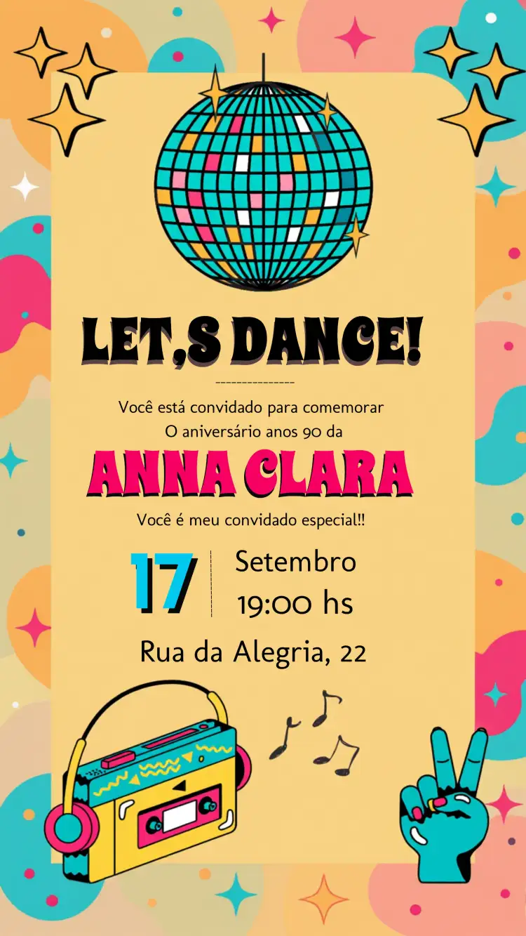 Convite Anos 90 Bege – tema 15 anos anos 90, vintage, colorido, discoteca, celebração, nostálgico