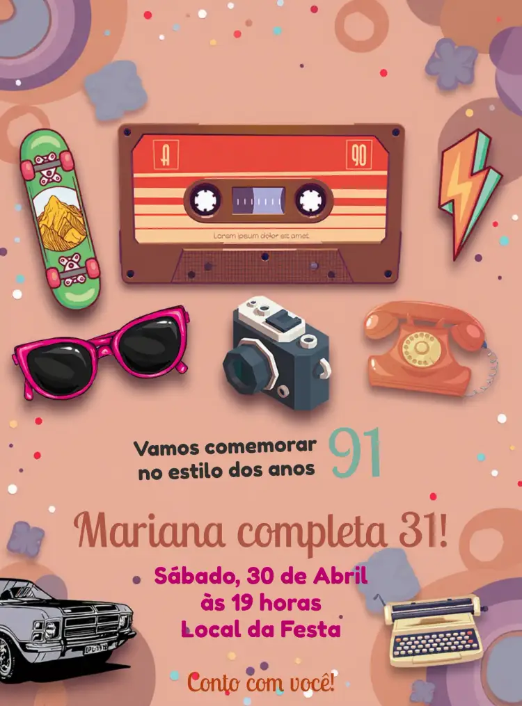 Convite Anos 90 Discos – tema 15 anos vintage, colorido, retrô, divertido, estilo urbano, jovial