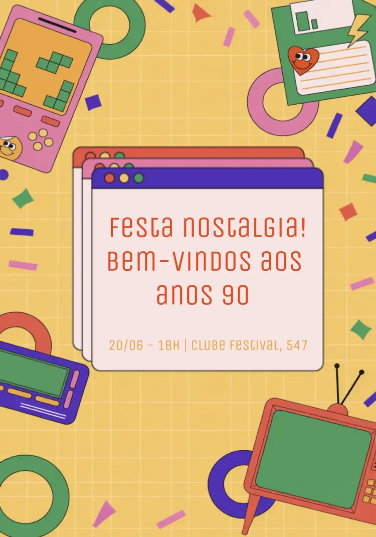 Convite Anos 90 Tubo – tema 15 anos colorido, nostálgico, vintage, pop art, jogos, cultura pop
