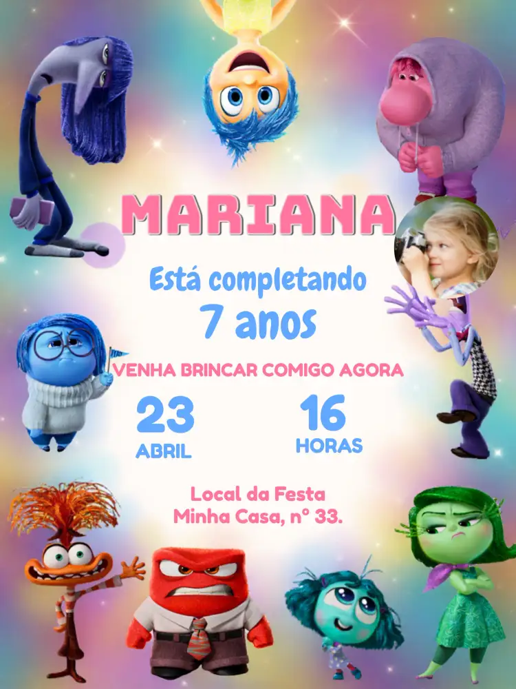 Convite Anviersário Divertida Mente 2 Com Foto Filme – tema Datas Comemorativas colorido, divertido, temático, infantil, moderno